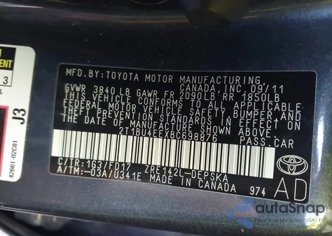 2011 Toyota Corolla S из США, поврежденный, VIN 2T1BU4EEXBC698876